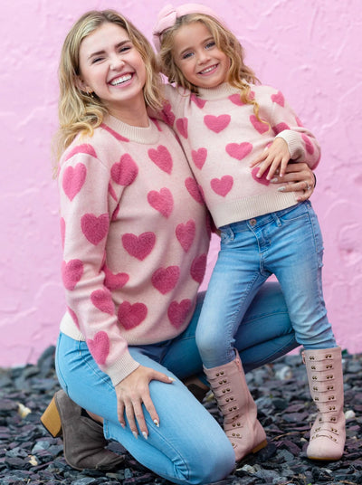 Mommy & Me Matching Tops | Heart Print Knit Sweaters | Mia Belle Girls