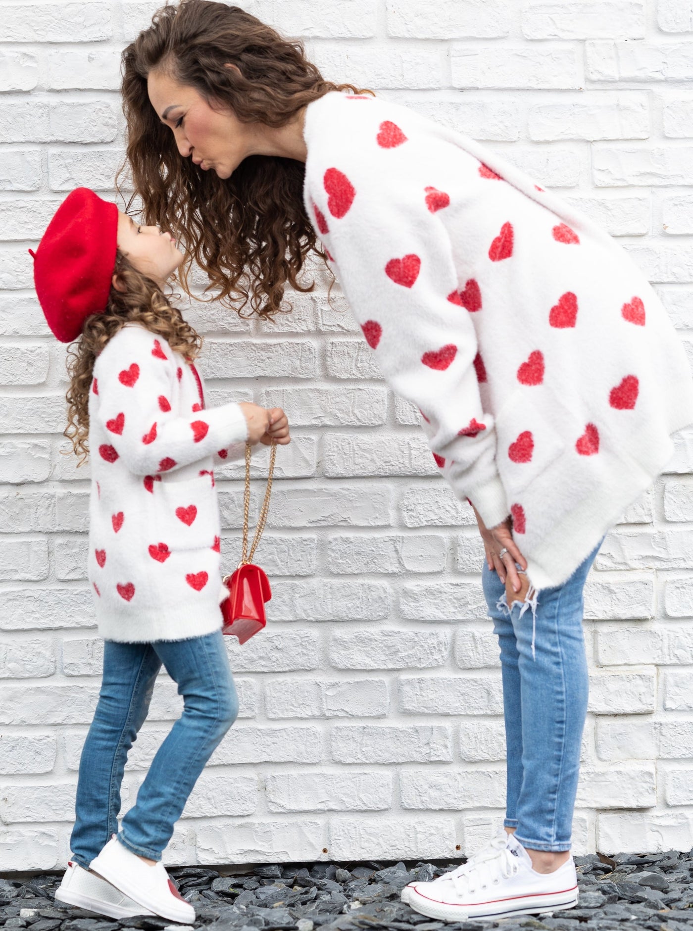 Mommy and Me Matching Sweaters | Heart Print White Oversized Cardigans