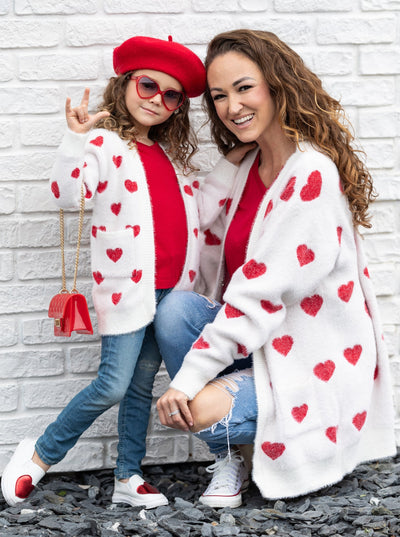 Mommy and Me Matching Sweaters | Heart Print White Oversized Cardigans