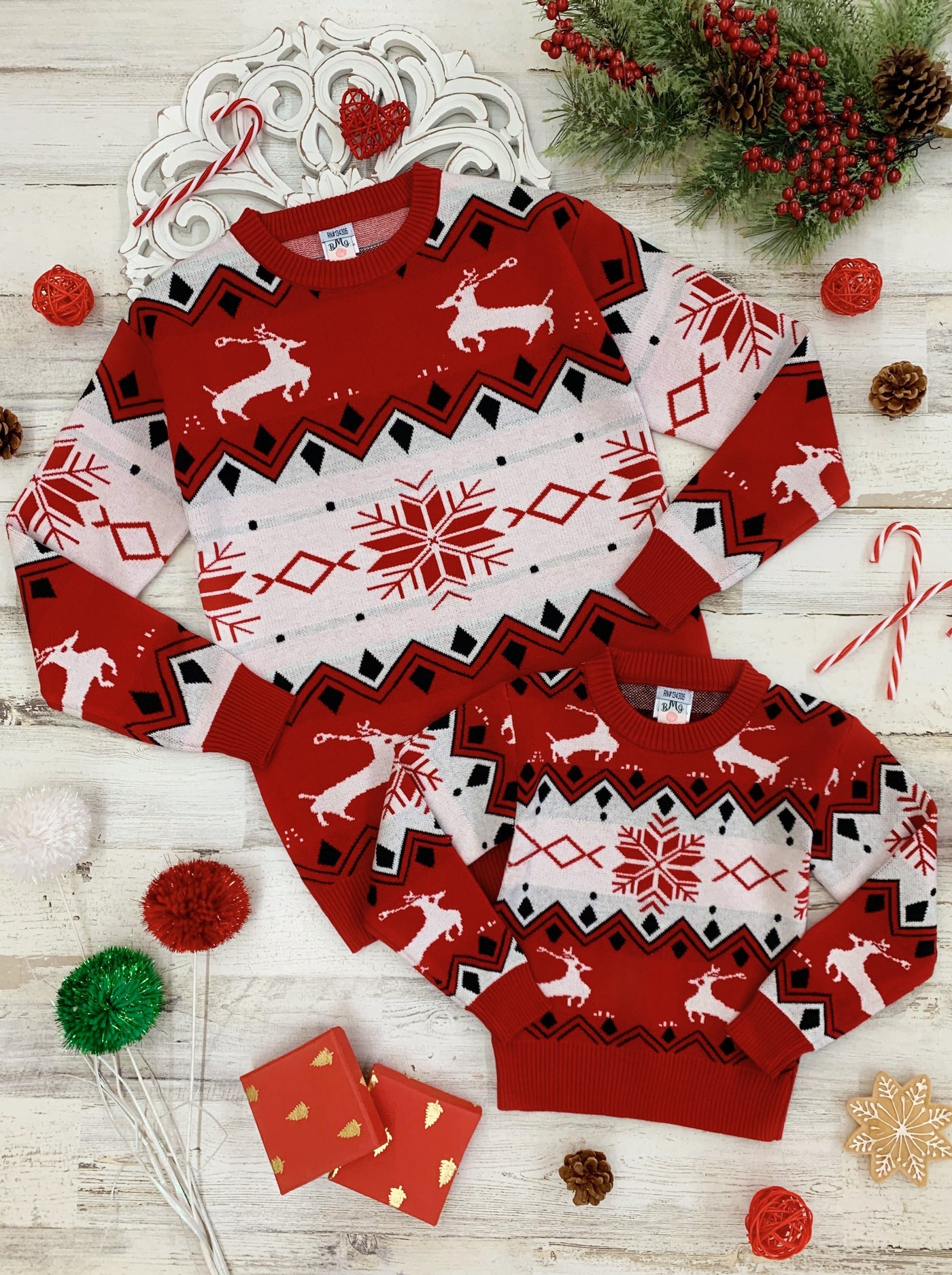 Mommy and Me Matching Tops | Winter Reindeer Print Knit Sweaters