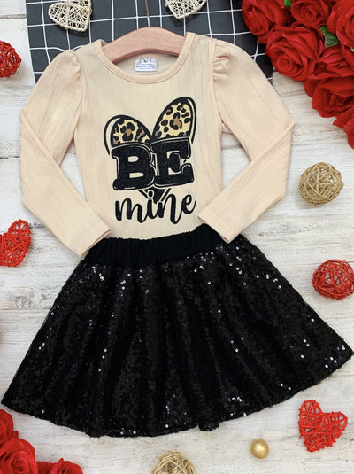 Girls Valentine's Clothes | Girls Be Mine Top & Black Sequin Skirt Set