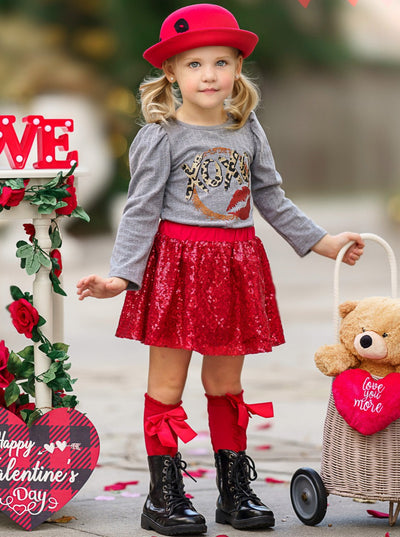 Kids Valentine's Clothes | XOXO Capped Sleeve Top & Sequin Skirt Set