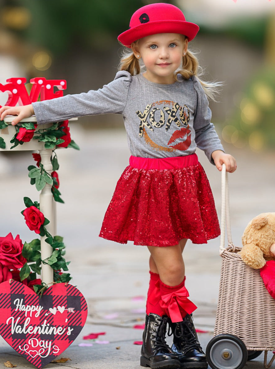Kids Valentine's Clothes | XOXO Capped Sleeve Top & Sequin Skirt Set