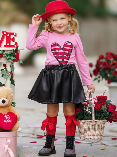 Kids Valentine's Clothes | Be My Valentine Top & PU Leather Skirt Set