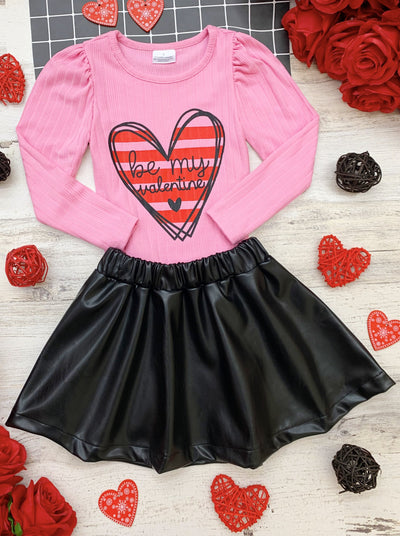 Kids Valentine's Clothes | Be My Valentine Top & PU Leather Skirt Set