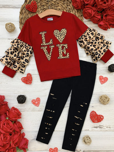 Toddler Valentine's Clothes | Leopard Love Top & Ripped Leggings Set