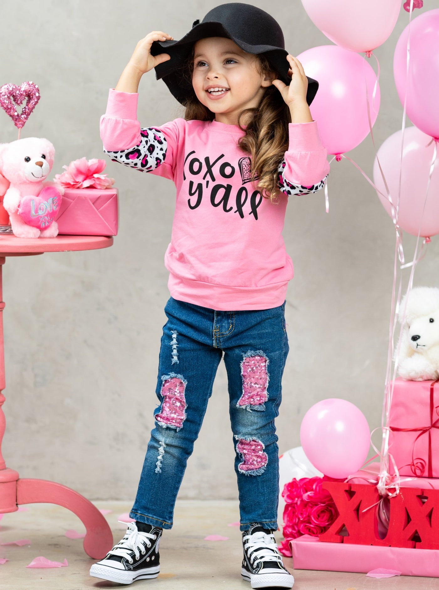 Kids Valentine's Clothes | XOXO Y'all Top & Sequin Patched Jeans Set