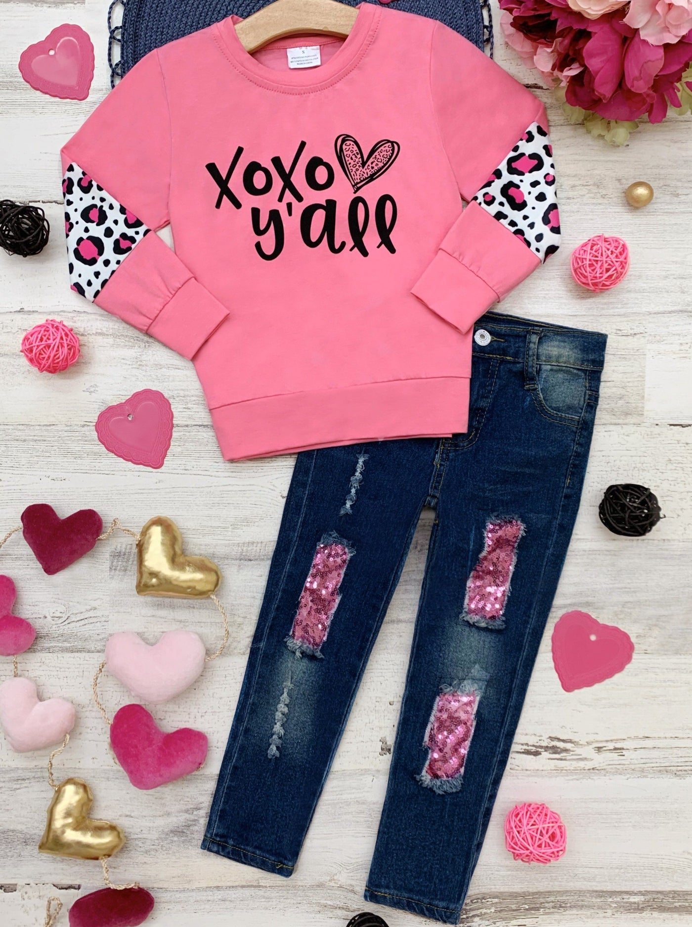 Kids Valentine's Clothes | XOXO Y'all Top & Sequin Patched Jeans Set