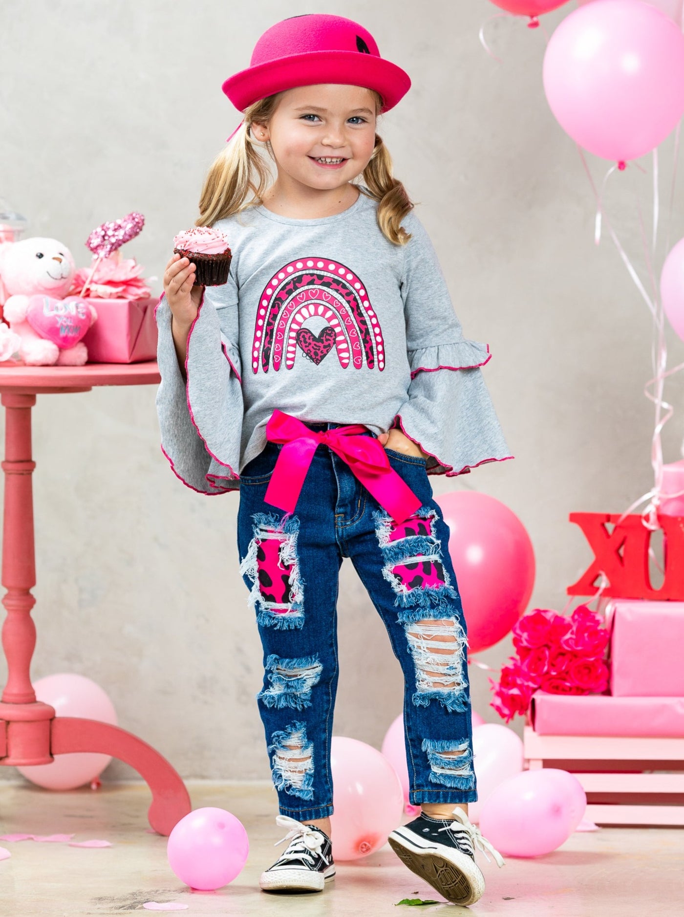 Kids Valentine's Clothes | Girls Bell Sleeve Top & Patched Jeans Set