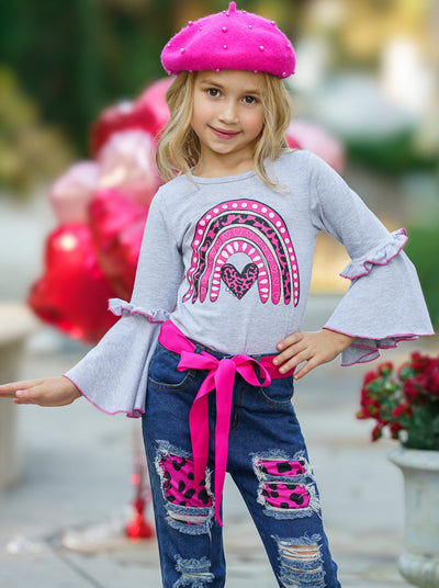 Kids Valentine's Clothes | Girls Bell Sleeve Top & Patched Jeans Set