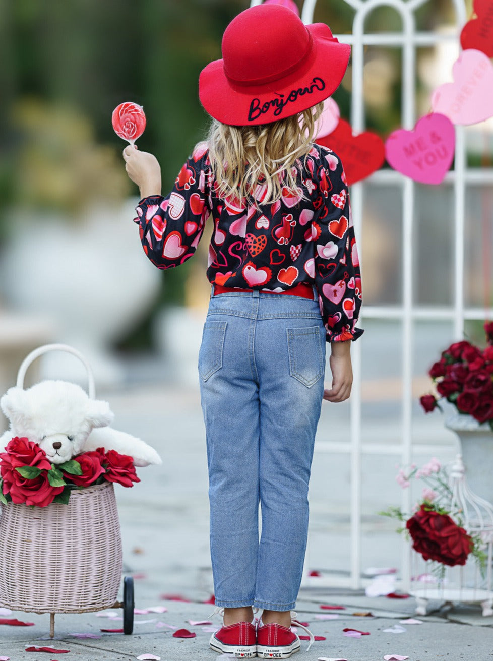 Toddler Valentine's Day Outfit | Girls Heart Print Patched Denim Set 