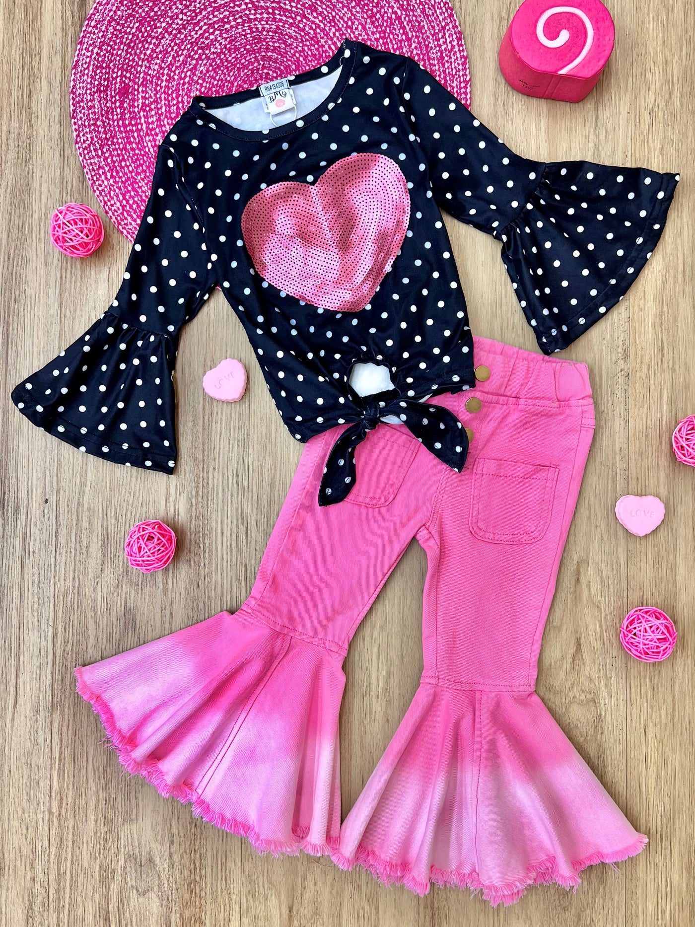 Valentine's Outfit | Polka Dot Knot Hem Top & Bell Bottom Jeans Set 
