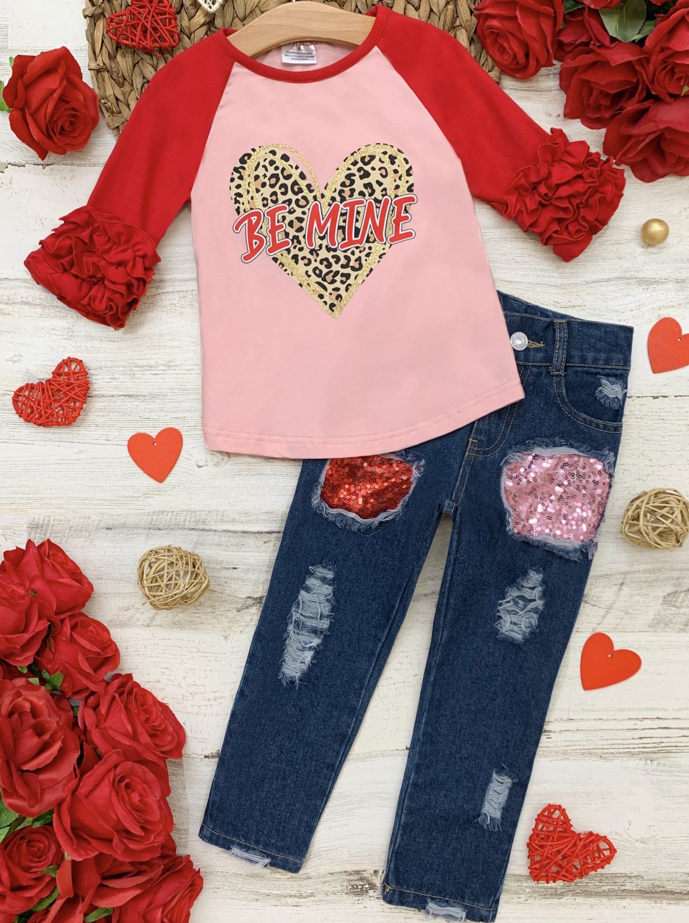Kids Valentine's Clothes | Ruffle Raglan Top & Sequin Patched Jeans Set