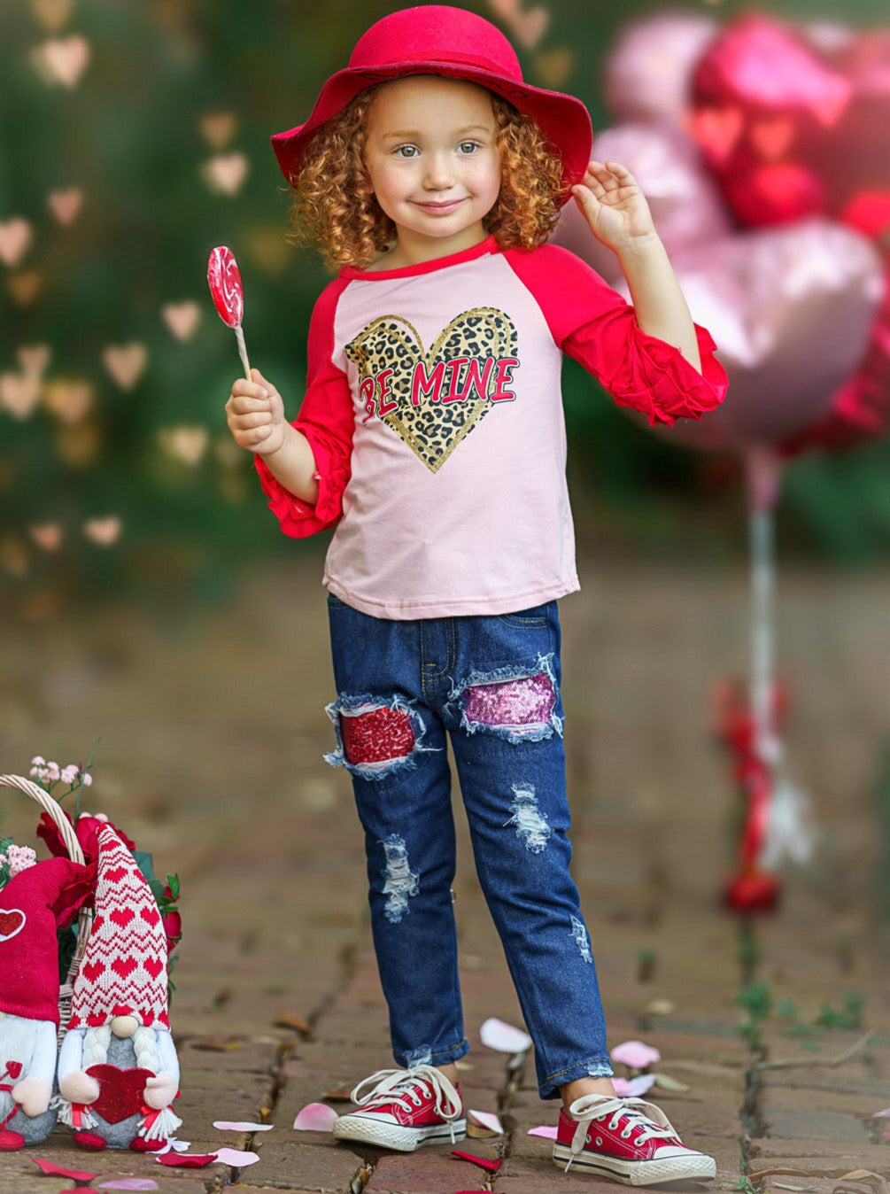 Kids Valentine's Clothes | Ruffle Raglan Top & Sequin Patched Jeans Set
