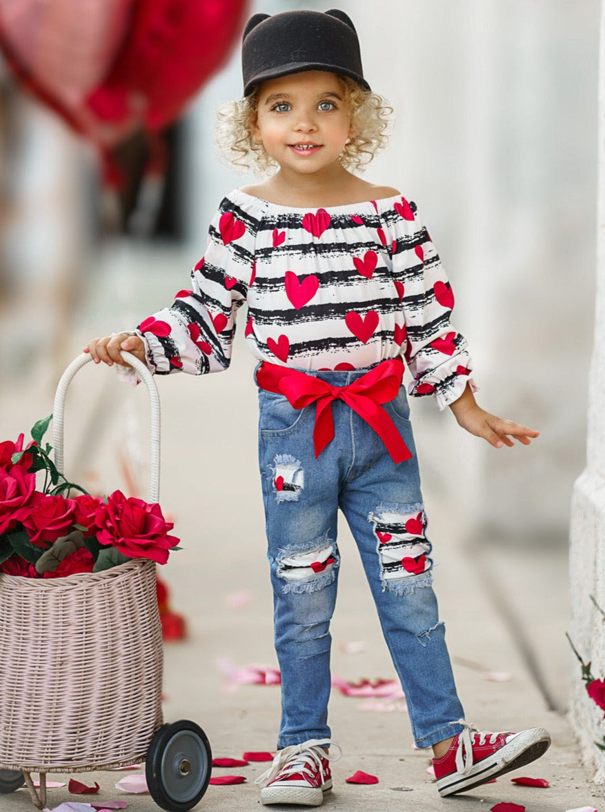 Kids Valentine's Clothes | Girls Striped Heart Print Patched Jeans Set