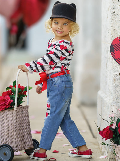 Kids Valentine's Clothes | Girls Striped Heart Print Patched Jeans Set