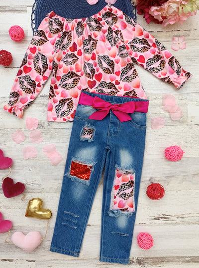 Girls I Heart You Valentine Patterned Top and Distressed Jeans Set with Sash