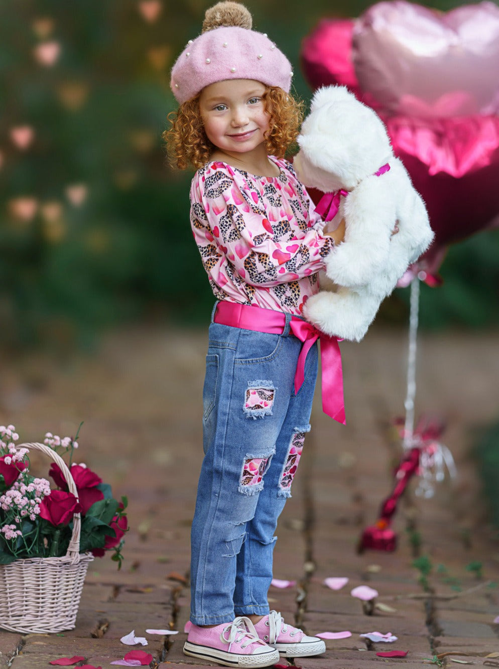 Girls I Heart You Valentine Patterned Top and Distressed Jeans Set with Sash - Mia Belle Girls