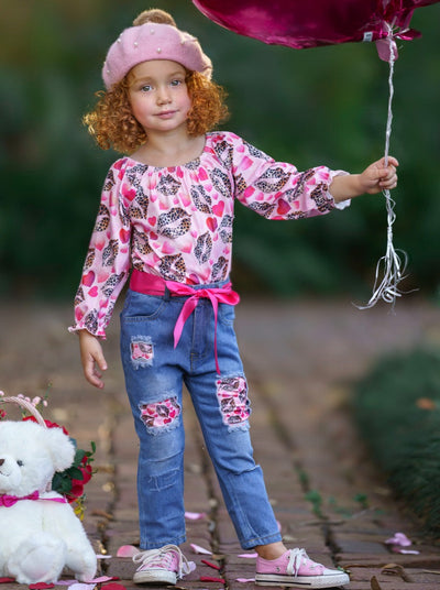 Girls I Heart You Valentine Patterned Top and Distressed Jeans Set with Sash - Mia Belle Girls