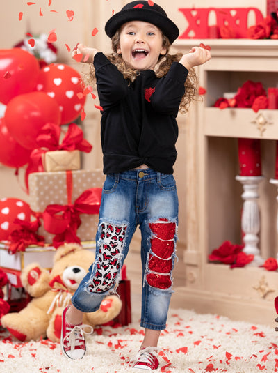 Toddler Valentine's Clothes | Knot Hem Top & Sequin Patched Jeans Set