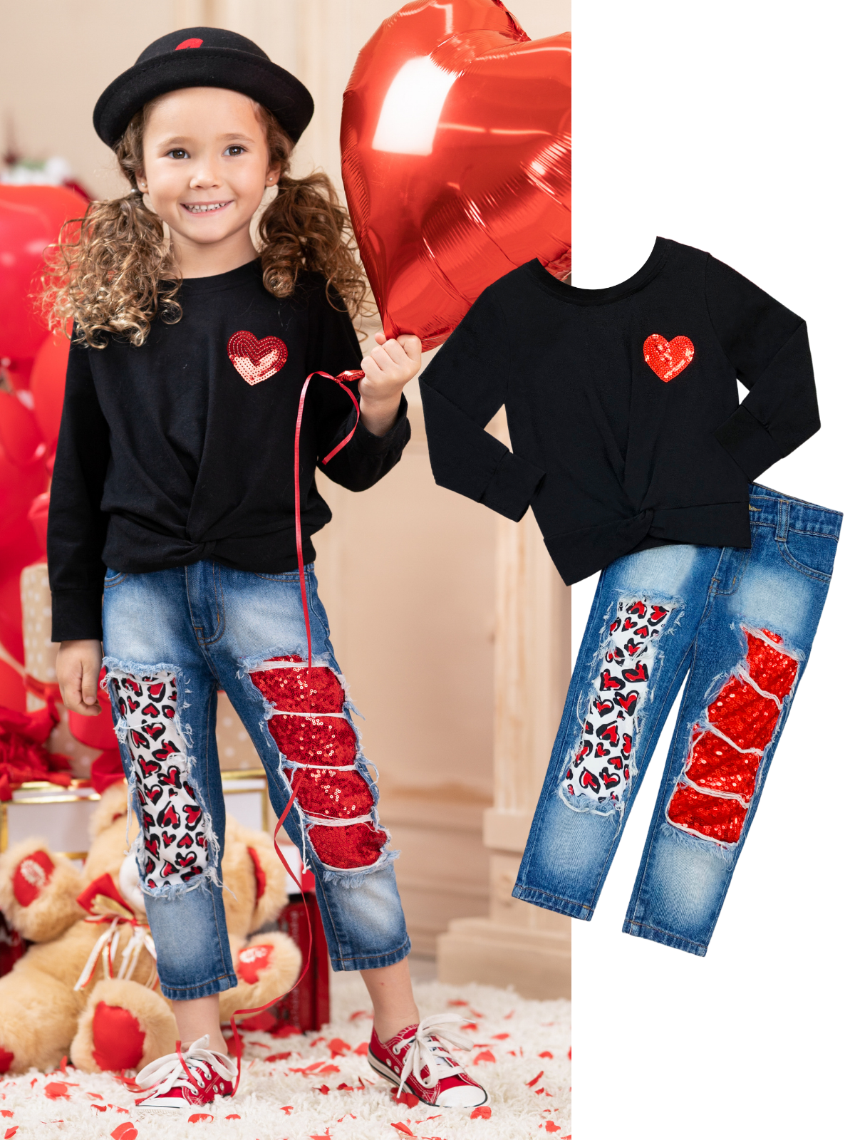Toddler Valentine's Clothes | Knot Hem Top & Sequin Patched Jeans Set