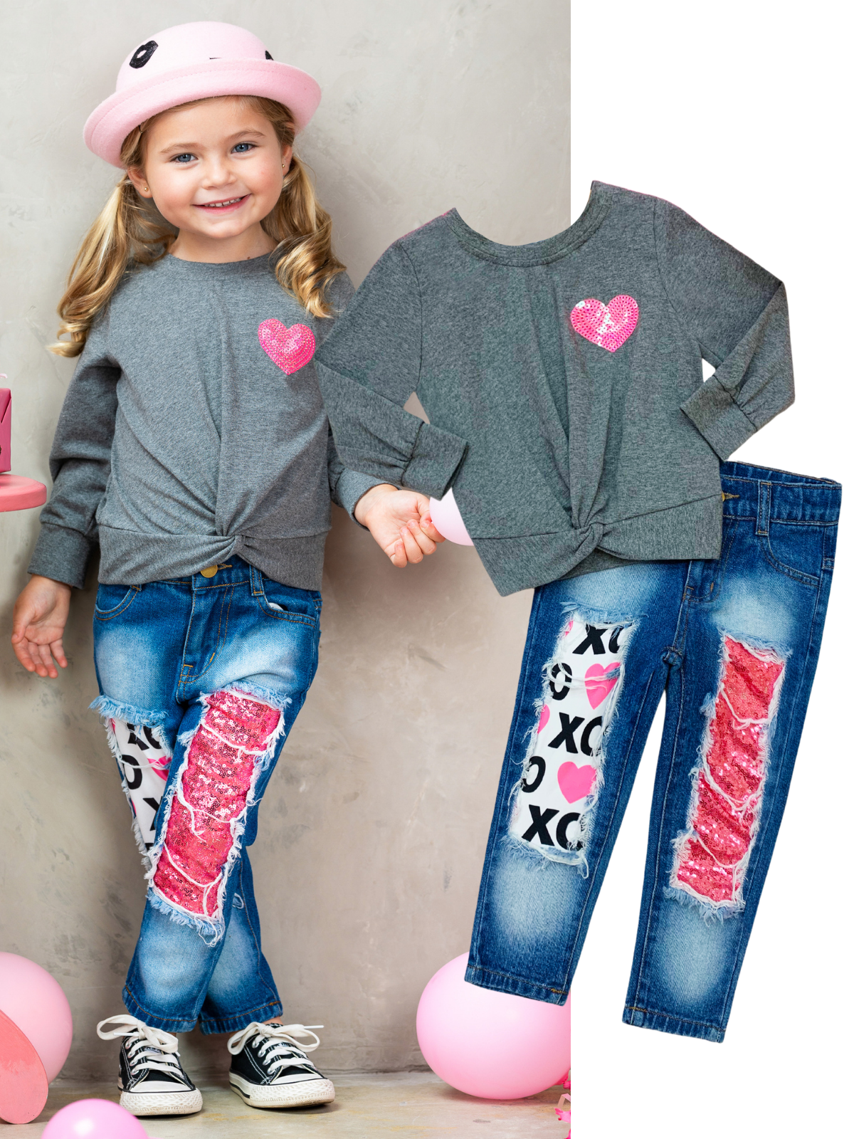 Girls Valentine's Clothes | Knot Hem Top & Sequin Patched Jeans Set