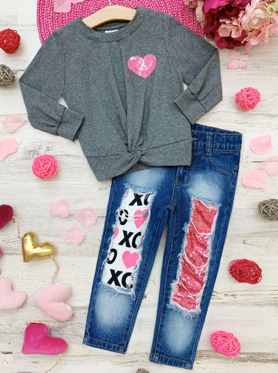 Girls Valentine's Clothes | Knot Hem Top & Sequin Patched Jeans Set