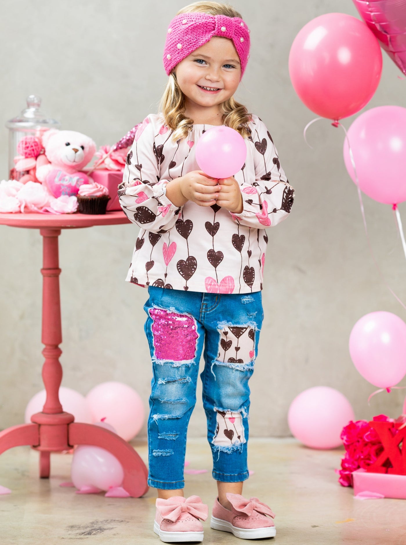 Kids Valentine's Clothes | Heart Pattern Top & Patched Jeans Set 