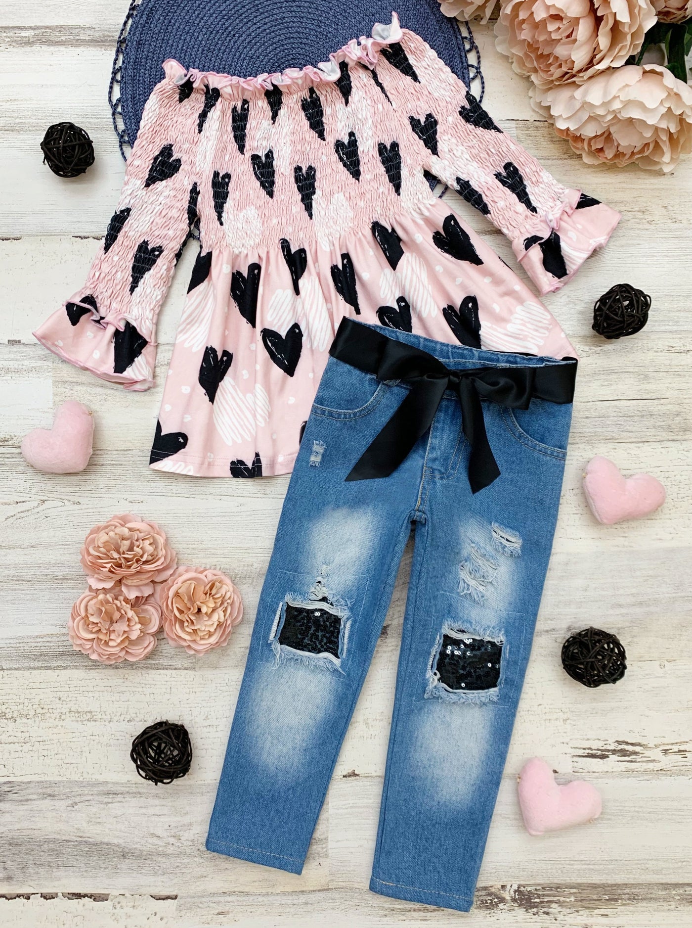 Valentine's Outfit | Girls Heart Ruched Top & Sequin Patched Jeans Set