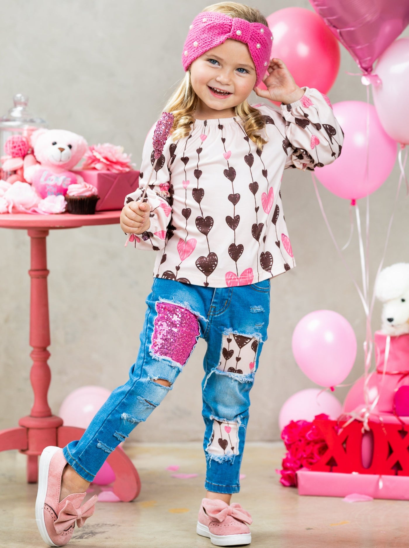 Kids Valentine's Clothes | Heart Pattern Top & Patched Jeans Set 
