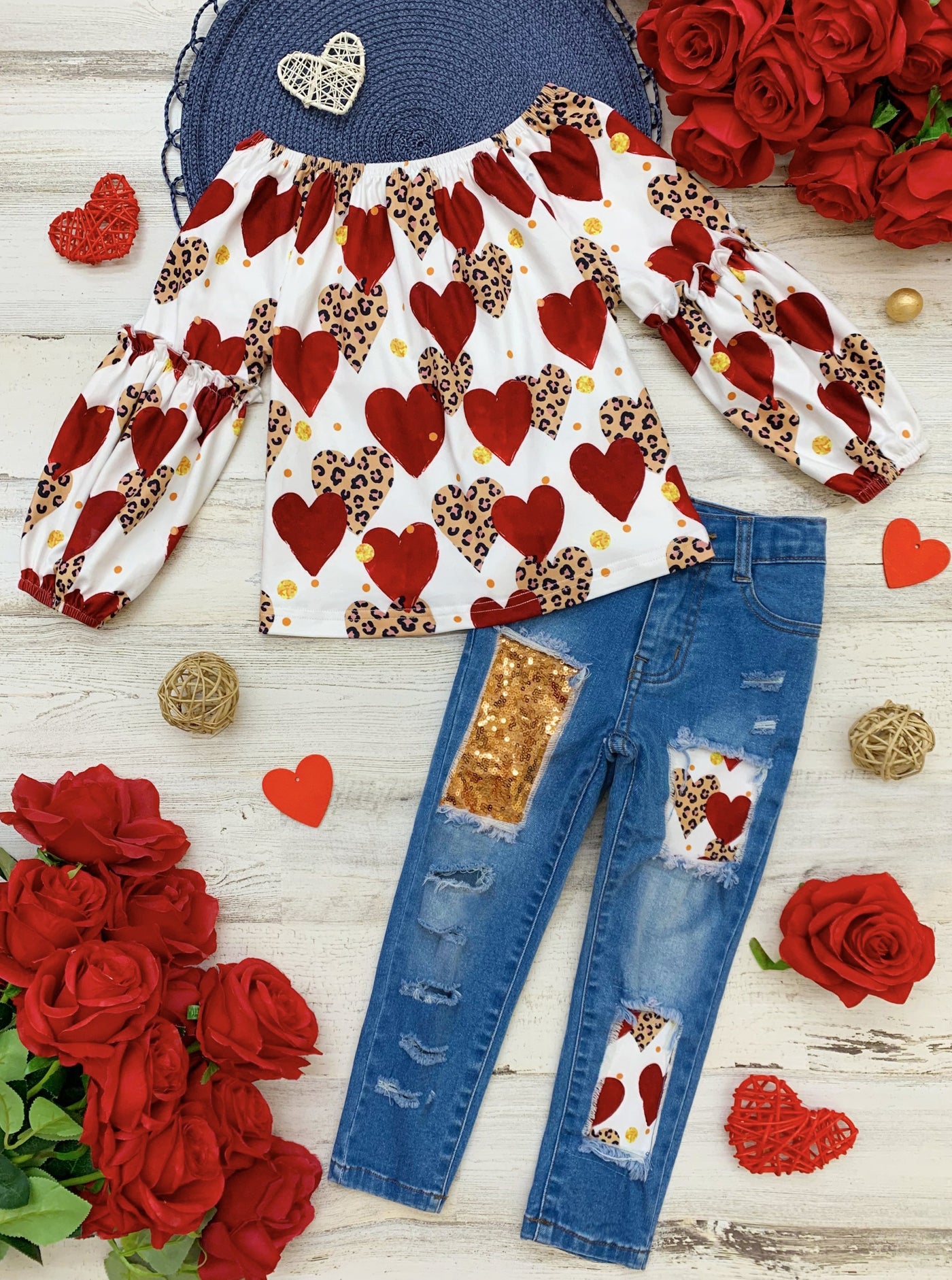 Kids Valentine's Clothes | Girls Animal Print Hearts Patched Jeans Set