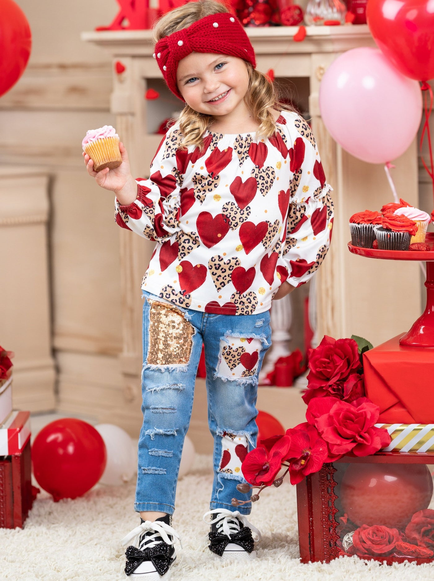 Kids Valentine's Clothes | Girls Animal Print Hearts Patched Jeans Set