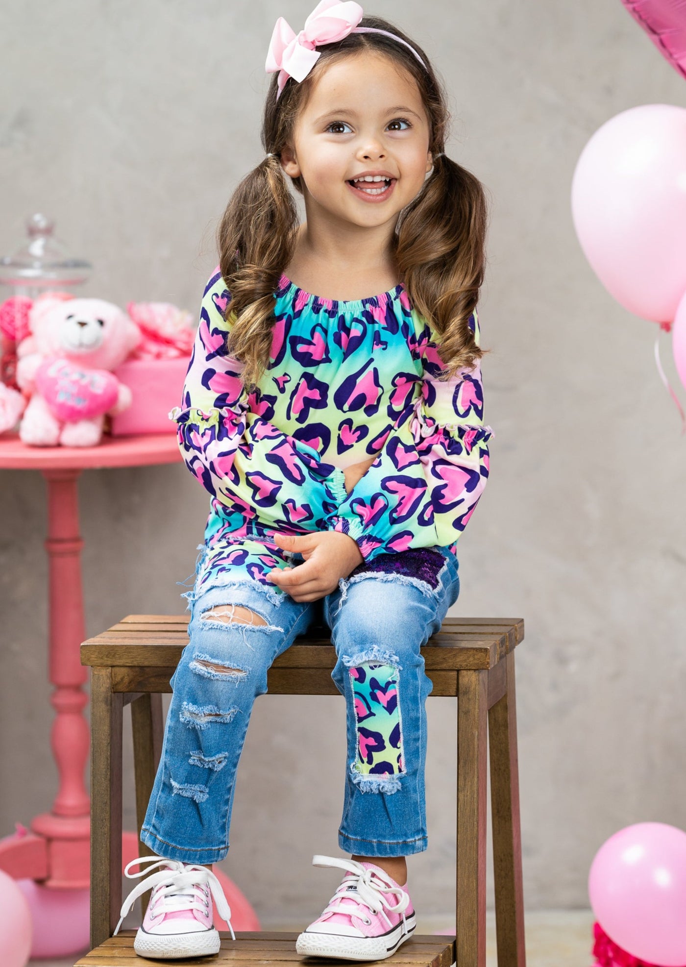Toddler Valentine's Outfit | Rainbow Heart Top & Patched Jeans Set