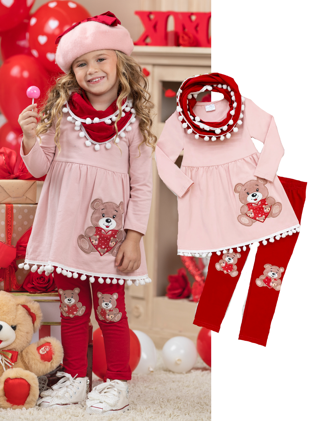 Kids Valentine's Clothes | Teddy Bear Tassel Tunic Scarf & Legging Set