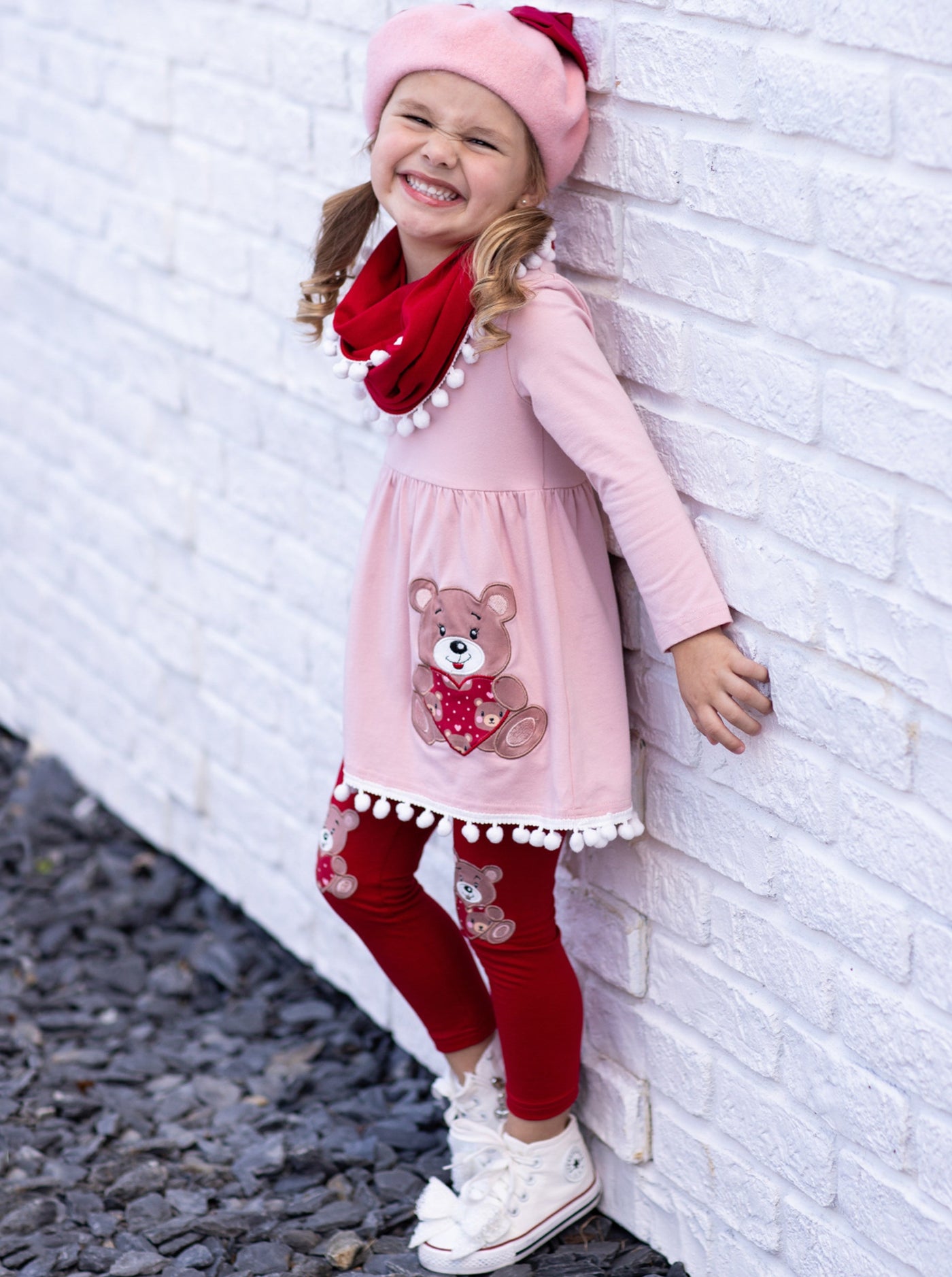 Kids Valentine's Clothes | Teddy Bear Tassel Tunic Scarf & Legging Set