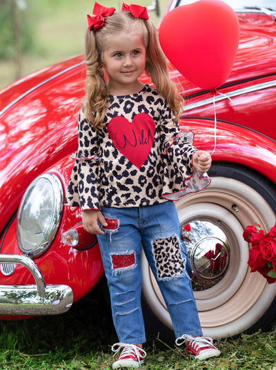 Kids Valentine's Clothes | Leopard Print Top & Patched Jeans Set