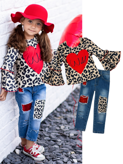 Kids Valentine's Clothes | Leopard Print Top & Patched Jeans Set 
