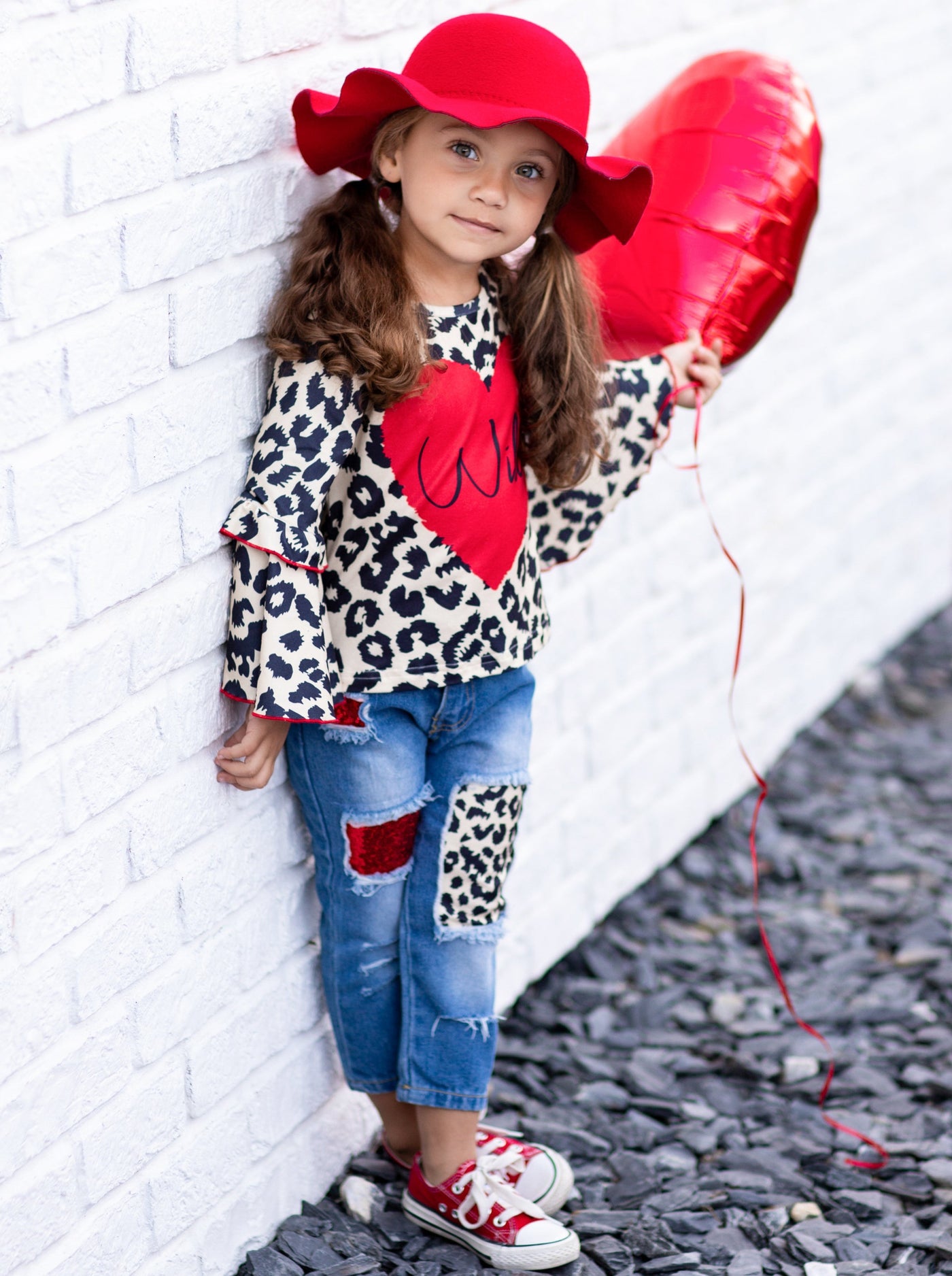 Kids Valentine's Clothes | Leopard Print Top & Patched Jeans Set 