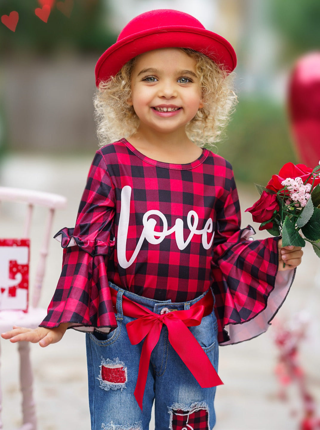 Kids Valentine's Clothes | Girls Plaid Bell Sleeve Top & Patched Jeans