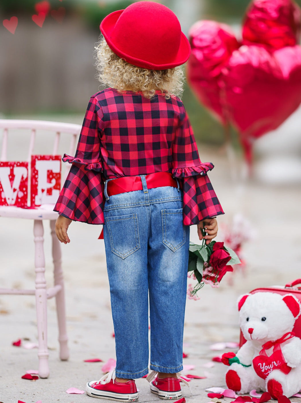 Kids Valentine's Clothes | Girls Plaid Bell Sleeve Top & Patched Jeans