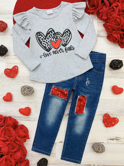 Kids Valentine's Clothes | Love Never Fails Top & Patched Jeans Set