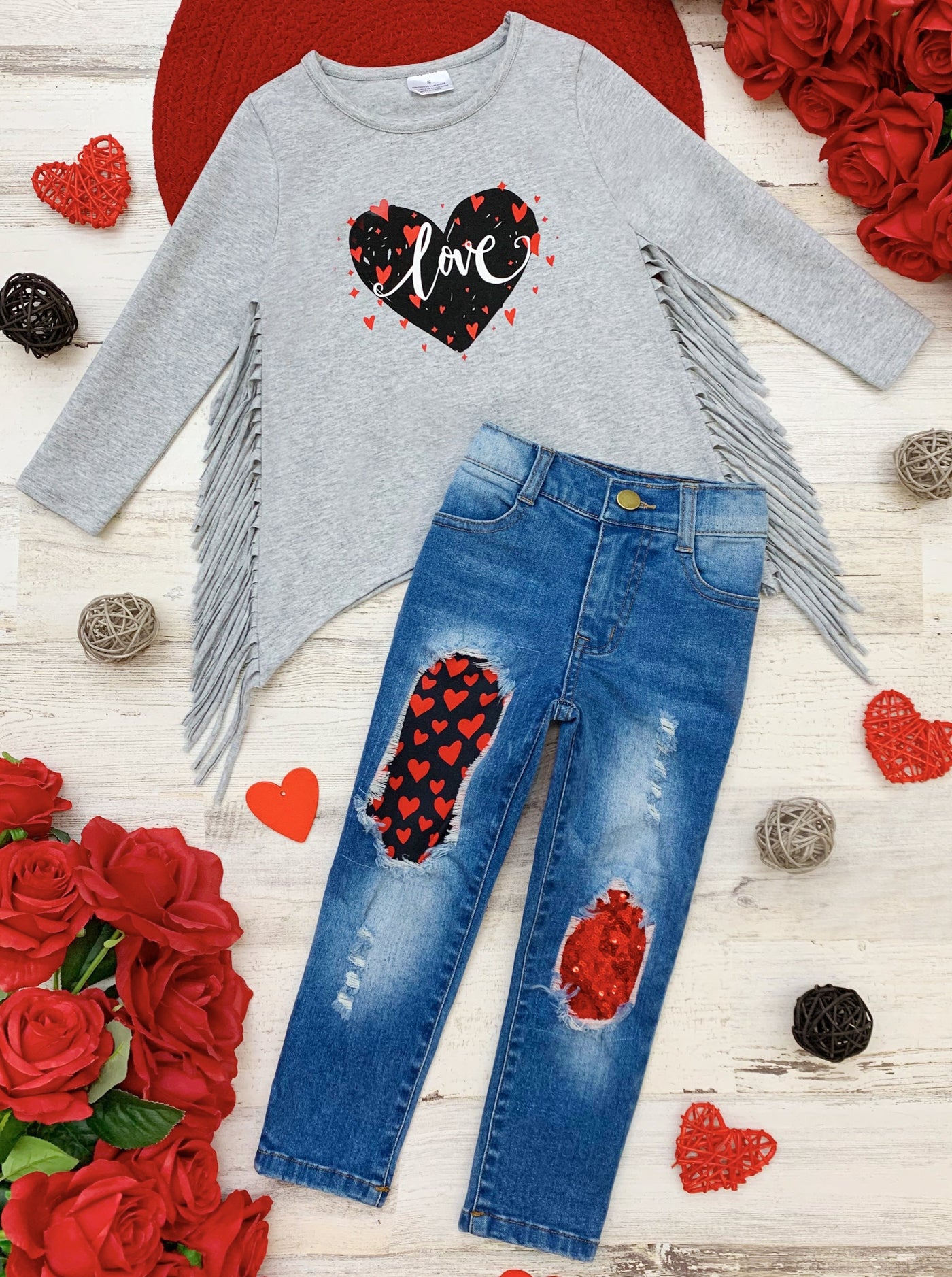 Kids Valentine's Clothes | Girls Heart Fringe Top & Patched Jeans Set