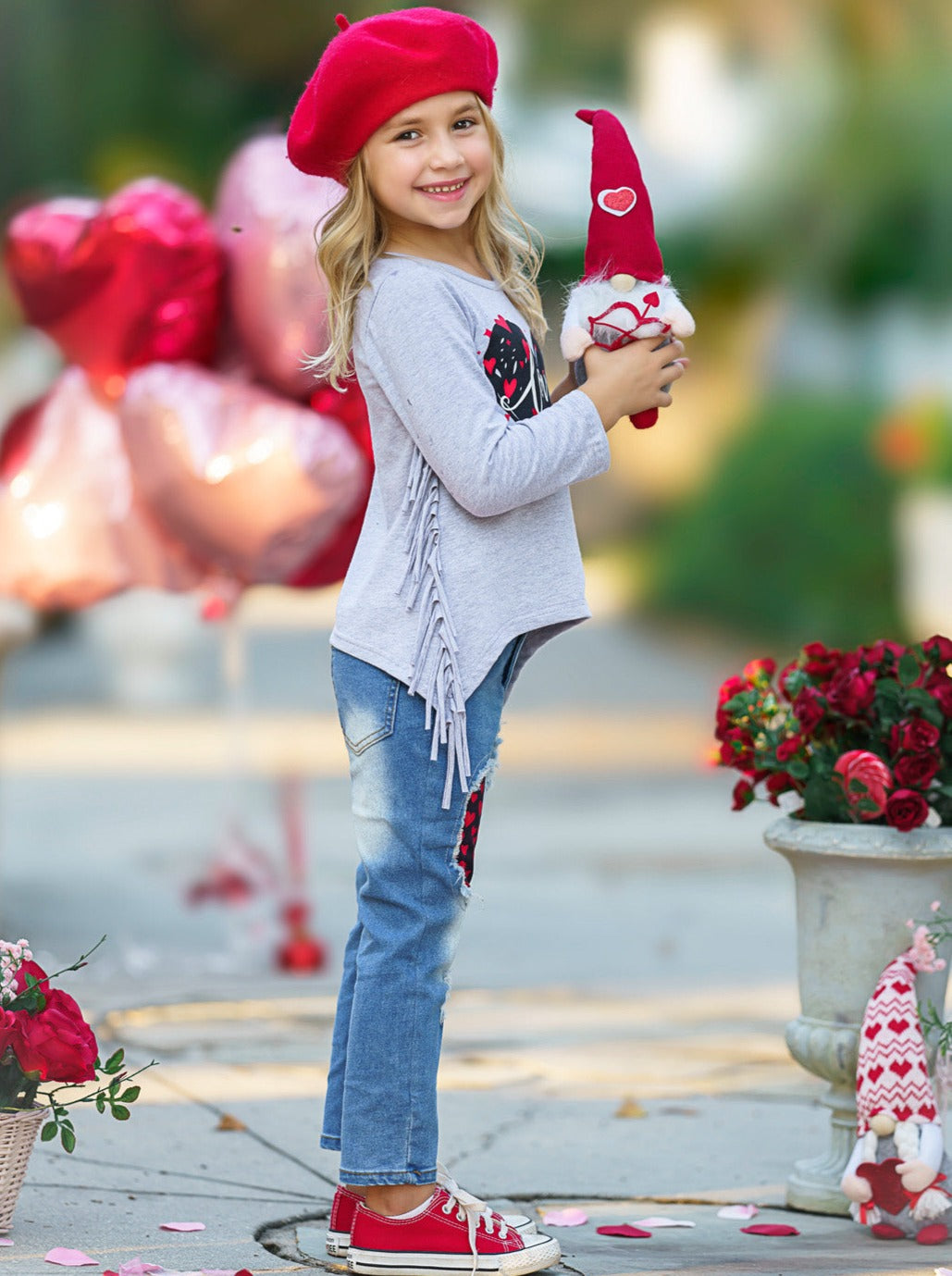 Kids Valentine's Clothes | Girls Heart Fringe Top & Patched Jeans Set
