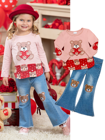 Toddler Valentine's Clothes | Girls Teddy Bear Tunic & Jeans Set