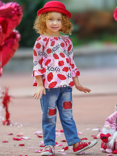 Kids Valentine's Clothes | Ruched XOXO Top & Sequin Patched Jeans Set