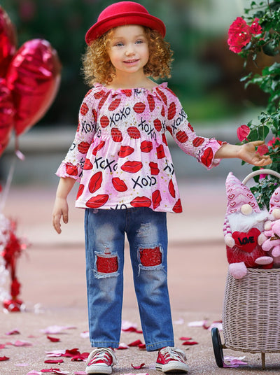 Kids Valentine's Clothes | Ruched XOXO Top & Sequin Patched Jeans Set