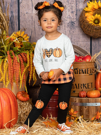 Little girls fall long-sleeved "Peace, Love, and Fall" graphic print tunic with a checkered plaid hem, patched elbows, and patched leggings - Mia Belle Girls