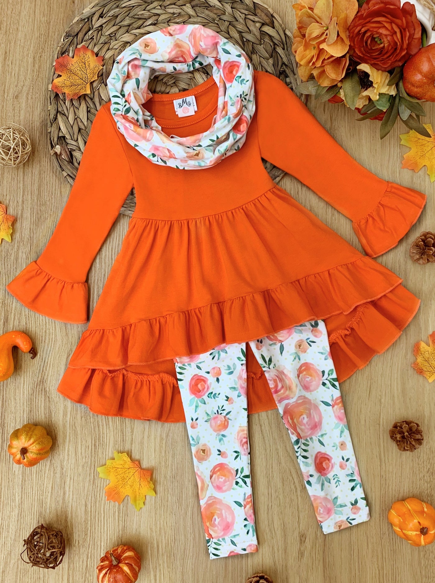 Little girls Fall long-sleeve hi-lo tunic with ruffle hem and cuffs, floral print leggings, and matching infinity wrap scarf  - Mia Belle Girls