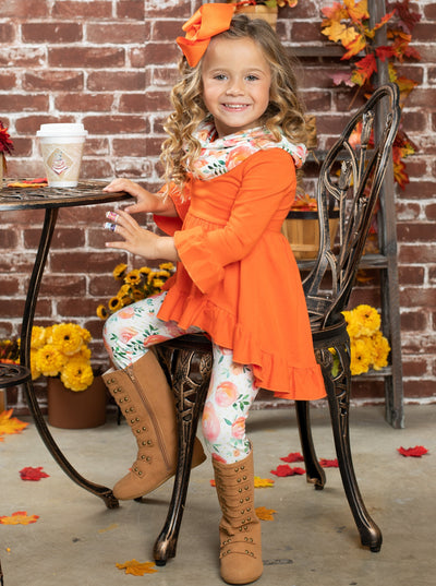 Little girls Fall long-sleeve hi-lo tunic with ruffle hem and cuffs, floral print leggings, and matching infinity wrap scarf  - Mia Belle Girls