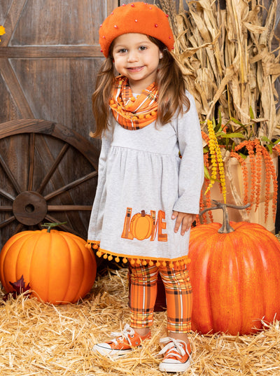 Girls long-sleeve tunic with plaid pumpkin "Love" graphic applique on skirt, pom-pom tassel hem, plaid leggings, and a matching infinity wrap scarf - Mia Belle Girls